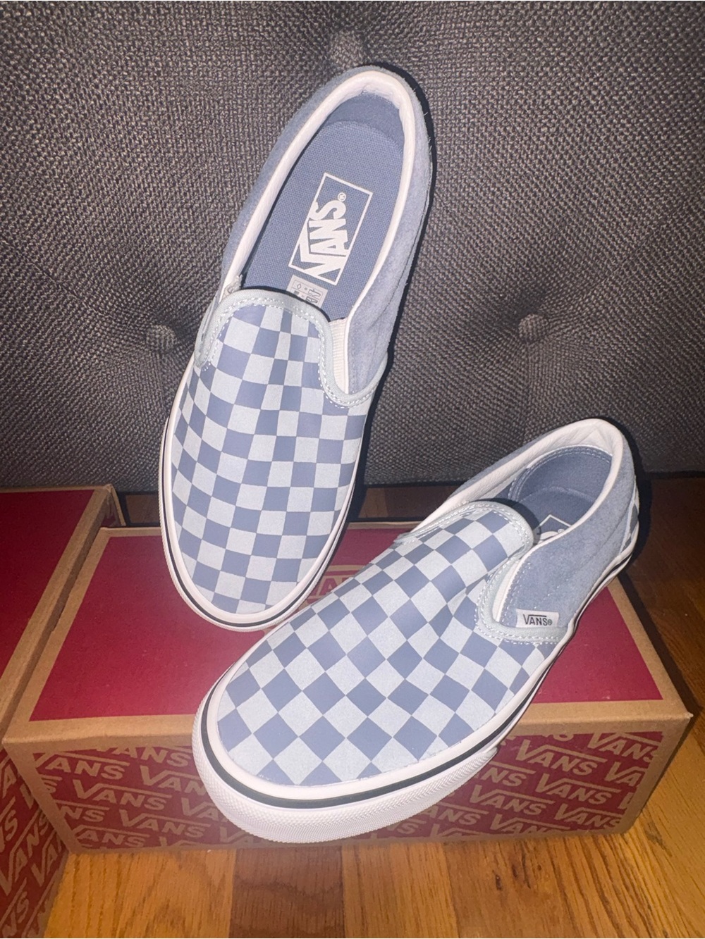 Vans Checkerboard Slip-On Sneakers in Light Blue and White